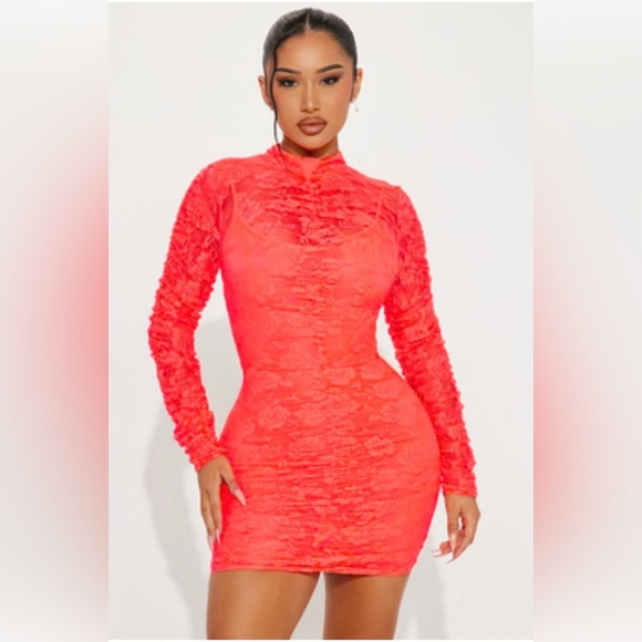 Fashion Nova Dresses & Skirts - Fashion nova evelyn lace mini party dresss neon coral pink xl new